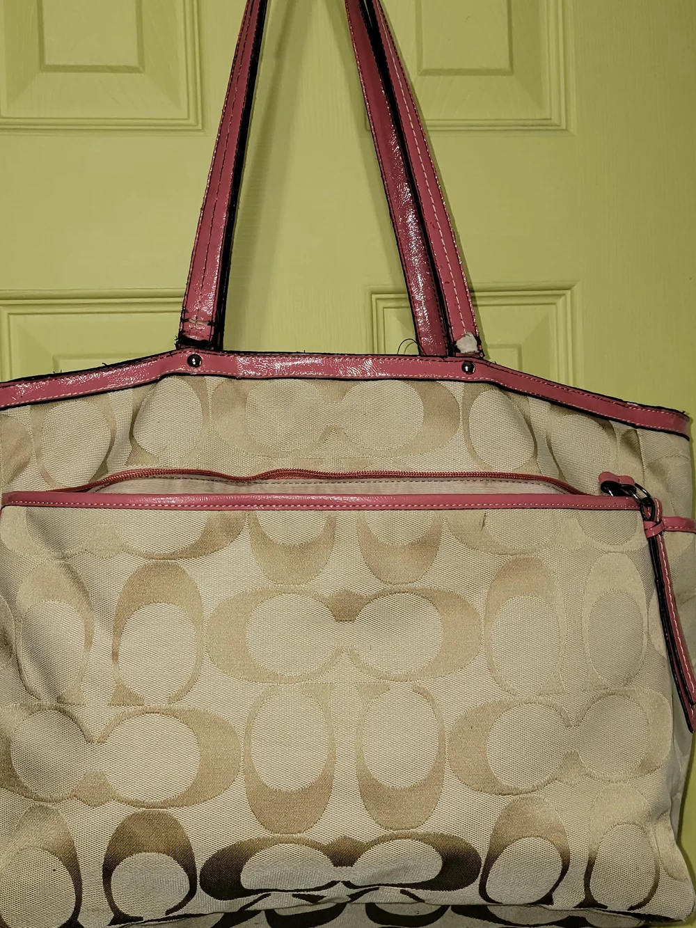 Coach Beige Signature Canvas Tote with Pink Trim, Outside Of Bag ,Badly Stained